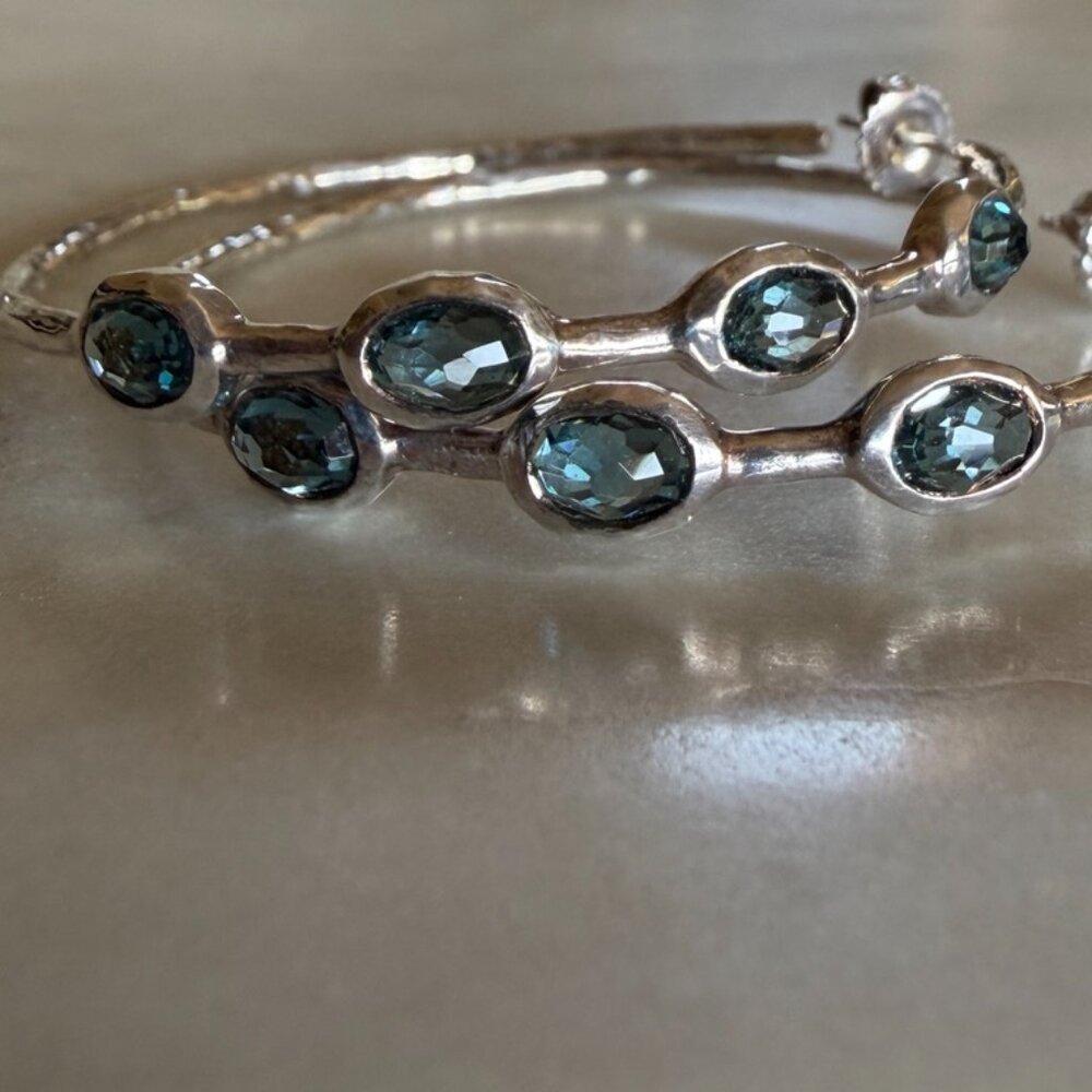 Ippolita 925 Sterling Silver Hammered Hoop Earrings Blue Green Stones